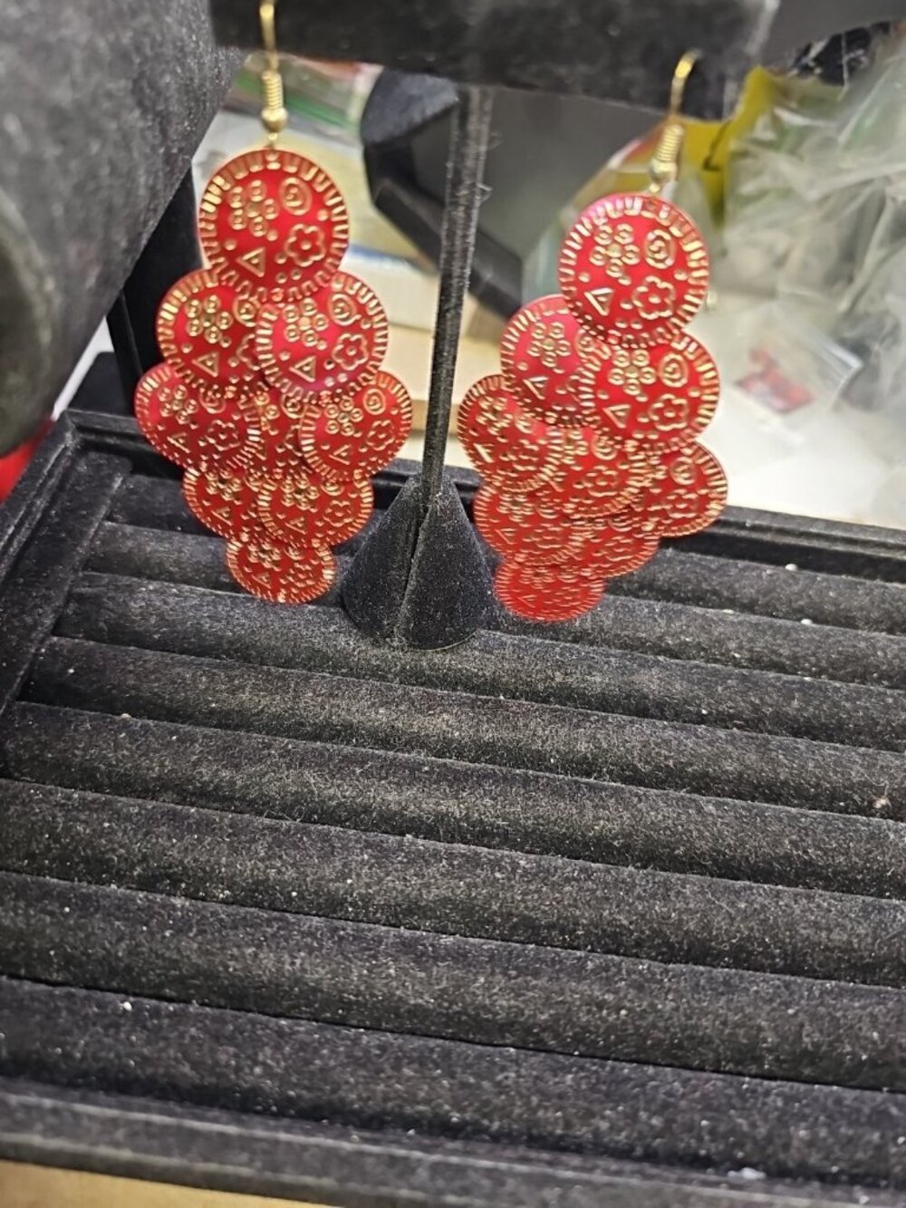 Earrings Pierced French Wire Goldtone Red Enamel 4" Inches Boho Chandelier